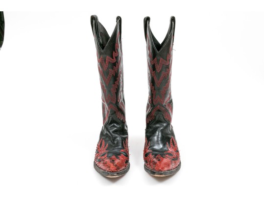 Panhandle Slim Fabulous Black Leather Cowboy Boots With Red Snake Patterning, Size 6
