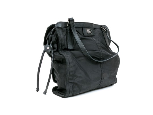 Burberry Black Nylon Top Handle Bag, Plaid Lining
