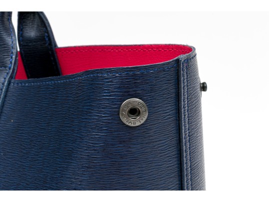 Longchamp Striking Navy Blue Leather Top Handle Tote Bag, Pinkish Red Interior