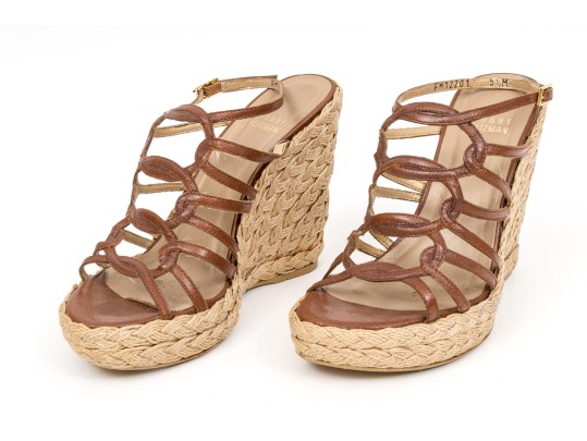Stuart Weitzman Brown Leather And Hemp Wedge Ankle Strap Sandal, Size 5.5