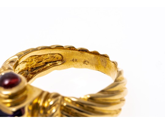 14k Yellow Gold Chunky Sugarloaf Amethyst And Garnet Ribbed Ring, Size 7+