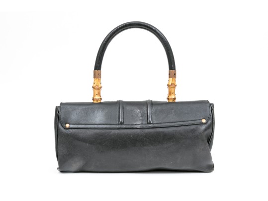 Gucci Vintage Black Leather Top Handle Bamboo Flap Bag, Copper Toned Hardware