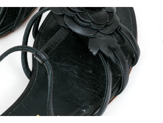 Chanel Beautiful Black Leather Flat Sandals, Camelia Tops, Size 36 1/2
