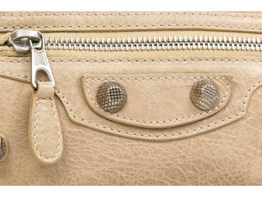 Balenciaga Striking Tan Leather Baguette Top Zip Shoulder Bag, Studded Accents