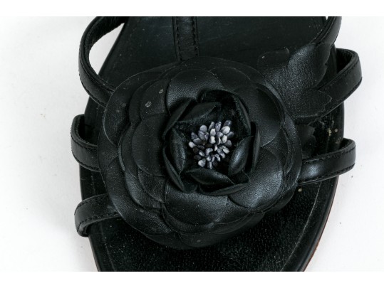 Chanel Beautiful Black Leather Flat Sandals, Camelia Tops, Size 36 1/2