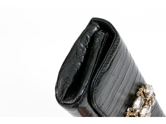 Badgley Mischka Beautiful Vintage Black Leather Baguette Clutch, Bedazzled Top