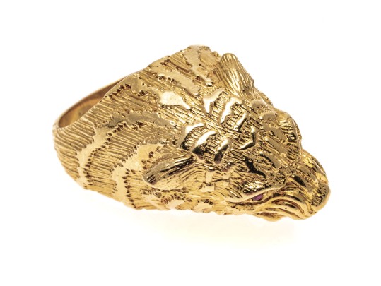 18k Yellow Gold Figural Roaring Tigers Head Ring With Ruby Eyes, Size 7.5
