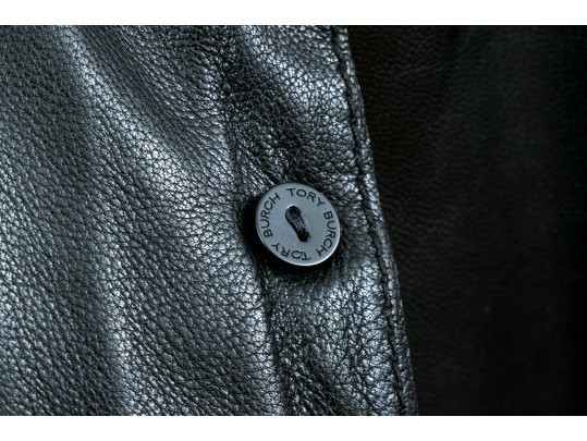 Tory Burch Beautiful Black Leather Ruffled Button Front Leather Jacket, Size 6