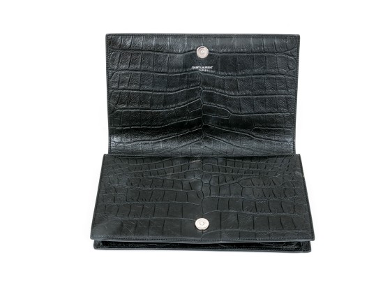 Saint Laurent Beautiful Black Crocodile Grained Leather Clutch