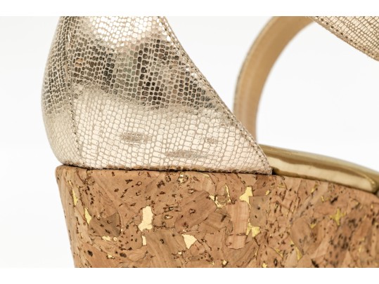 Jimmy Choo Gold Metallic Platform Ankle Strap Wedge Sandal, Size 38 Or 38 1/2