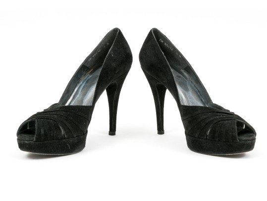 Stuart Weitzman Impactful Black Suede Gathered Peep Toe Platform Stilettos, Size 8 M