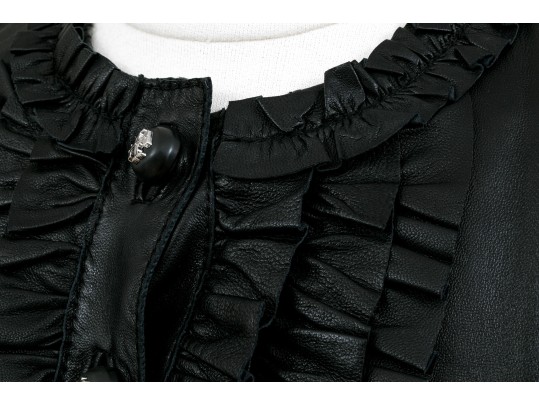 Tory Burch Beautiful Black Leather Ruffled Button Front Leather Jacket, Size 6