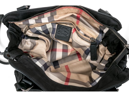 Burberry Black Nylon Top Handle Bag, Plaid Lining