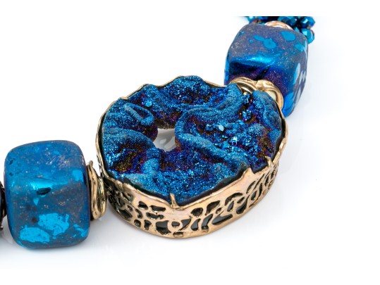 Sarah Kennedy Stunning Chunky Blue Druzy, Agate And Bead Partial Torsade Necklace