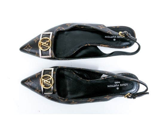 Louis Vuitton Adorable Flat Logo Slingback Mules, Size 40