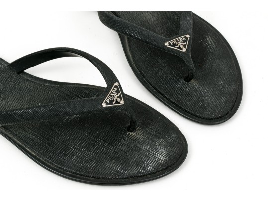 Prada Fun Textured Black Rubber Flip Flops, Size 38