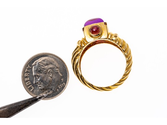14k Yellow Gold Chunky Sugarloaf Amethyst And Garnet Ribbed Ring, Size 7+