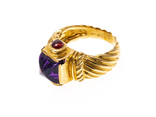 14k Yellow Gold Chunky Sugarloaf Amethyst And Garnet Ribbed Ring, Size 7+