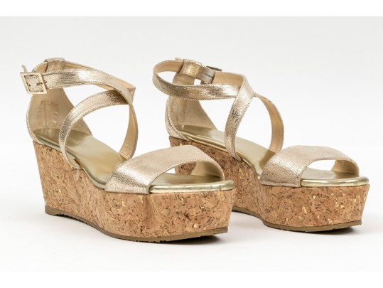 Jimmy Choo Gold Metallic Platform Ankle Strap Wedge Sandal, Size 38 Or 38 1/2