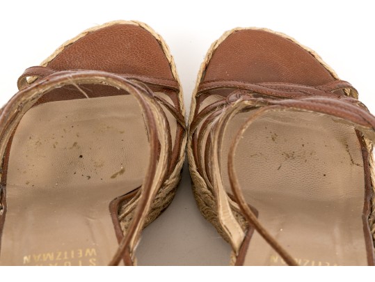 Stuart Weitzman Brown Leather And Hemp Wedge Ankle Strap Sandal, Size 5.5