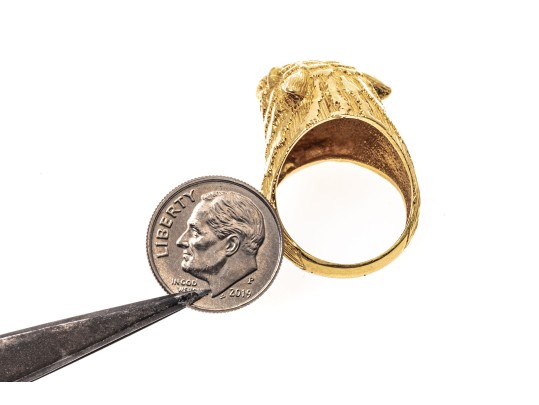18k Yellow Gold Figural Roaring Tigers Head Ring With Ruby Eyes, Size 7.5