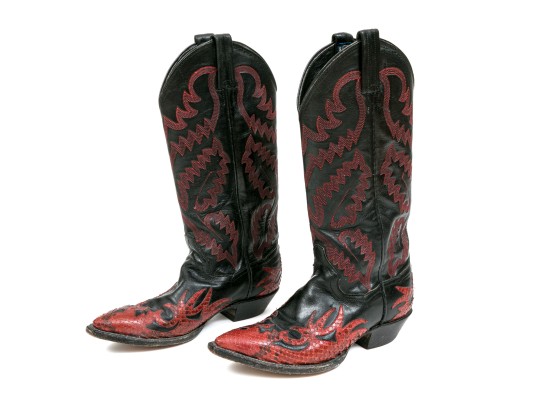 Panhandle Slim Fabulous Black Leather Cowboy Boots With Red Snake Patterning, Size 6