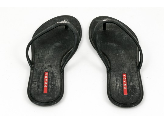 Prada Fun Textured Black Rubber Flip Flops, Size 38