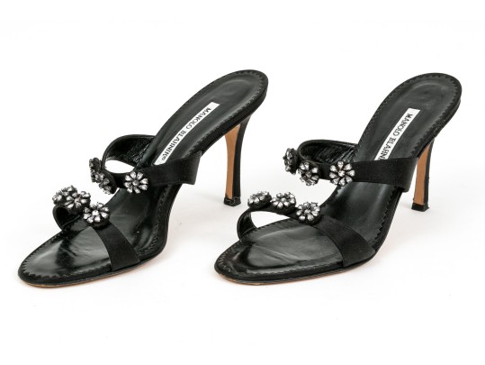 Manolo Blahnik Beautiful Bedazzled Black Satin Mules, Size 38