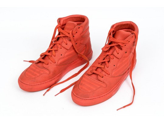 Balenciaga Striking Red Orange Leather Mens High Top Sneakers, Size 41