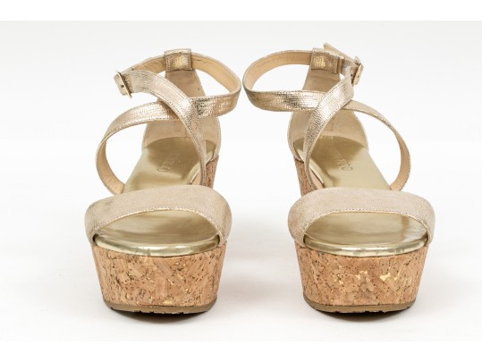 Jimmy Choo Gold Metallic Platform Ankle Strap Wedge Sandal, Size 38 Or 38 1/2