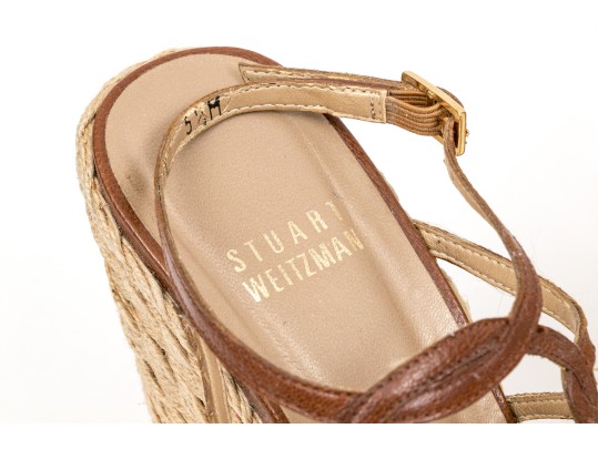 Stuart Weitzman Brown Leather And Hemp Wedge Ankle Strap Sandal, Size 5.5