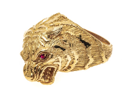 18k Yellow Gold Figural Roaring Tigers Head Ring With Ruby Eyes, Size 7.5