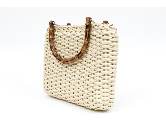 Gucci Lovely Woven Ivory Leather Bamboo Top Handle Bag