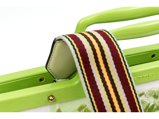 Etro Beautiful Green And White Embroidered Top Handle Tote Bag, Retail $2050