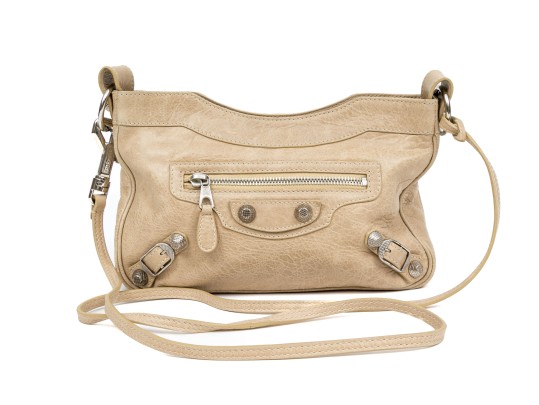 Balenciaga Striking Tan Leather Baguette Top Zip Shoulder Bag, Studded Accents