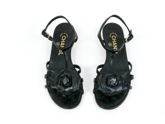 Chanel Beautiful Black Leather Flat Sandals, Camelia Tops, Size 36 1/2