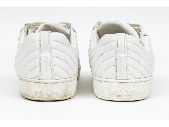 Prada Breezy White Leather Quilted Sneakers, Size 36 1/2