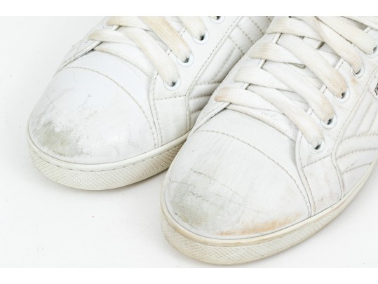 Prada Breezy White Leather Quilted Sneakers, Size 36 1/2