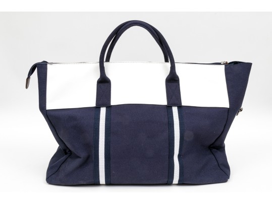 Ralph Lauren Large Blue Cotton, White And Brown Leather Top Handle Tote Bag