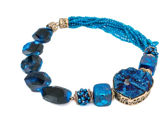 Sarah Kennedy Stunning Chunky Blue Druzy, Agate And Bead Partial Torsade Necklace