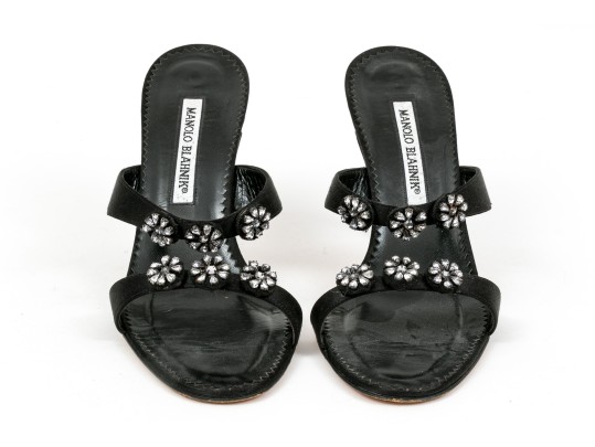 Manolo Blahnik Beautiful Bedazzled Black Satin Mules, Size 38