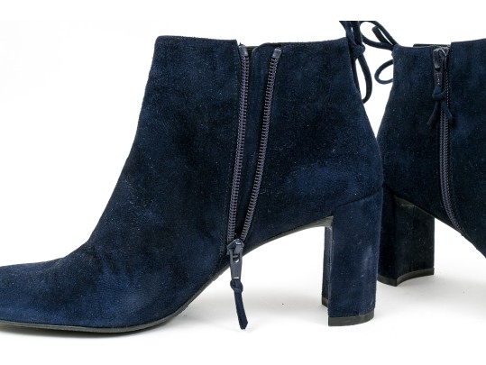 Stuart Weitzman Handsome Blue Suede Tie Back Side Zip Bootie, Size 8 1/2 M