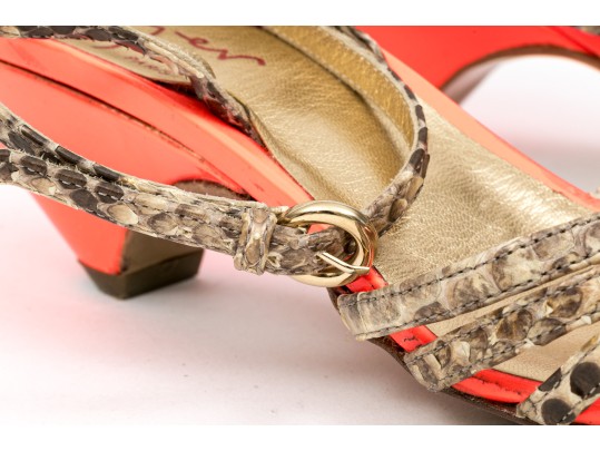 Walter Steiger Fun Orange Neon And Snakeskin Sandals, Size 37