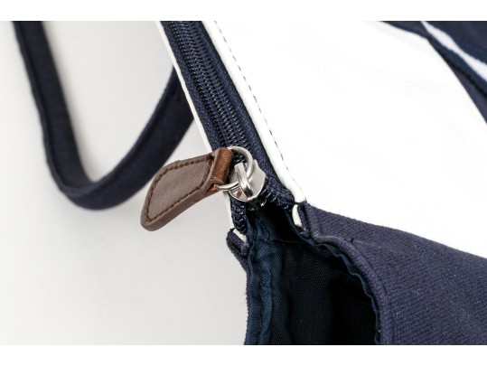 Ralph Lauren Large Blue Cotton, White And Brown Leather Top Handle Tote Bag