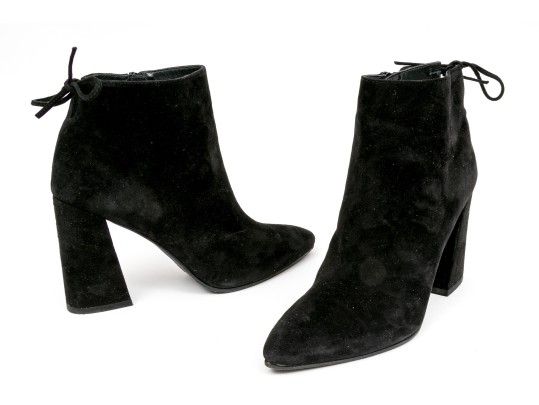 Stuart Weitzman Handsome Black Suede Tie Back Side Zip Bootie, Size 8 1/2 M