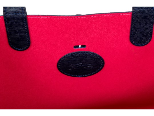 Longchamp Striking Navy Blue Leather Top Handle Tote Bag, Pinkish Red Interior