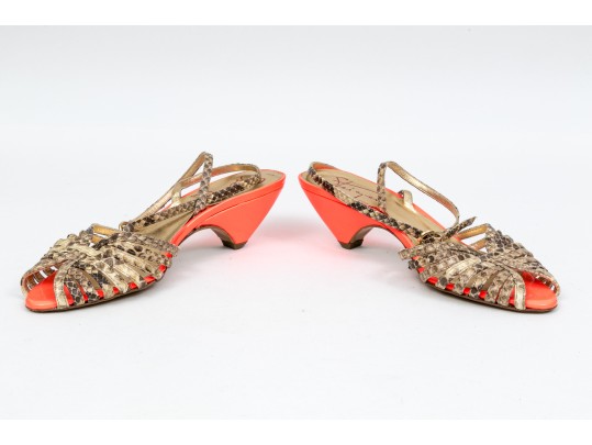 Walter Steiger Fun Orange Neon And Snakeskin Sandals, Size 37