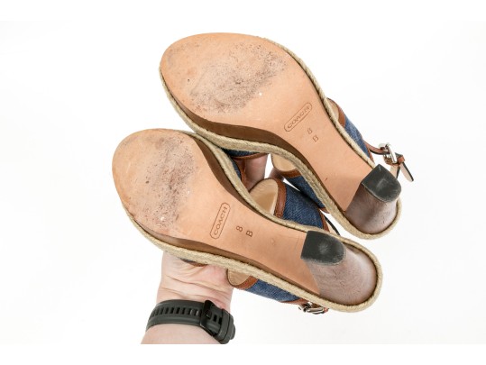 Coach Fun Denim And Brown Leather Platform Wooden Base Sandals, Size 8