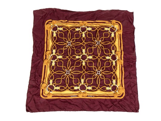 Hermès Paris Vintage Striking Burgundy And Gold Rope Motif Silk Scarf