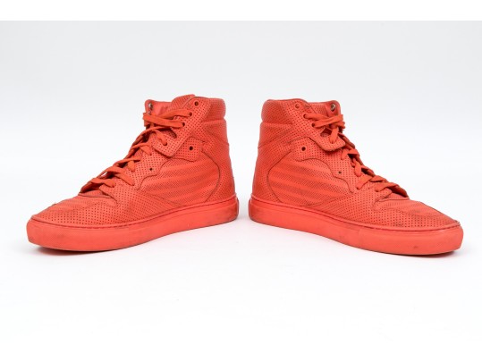 Balenciaga Striking Red Orange Leather Mens High Top Sneakers, Size 41